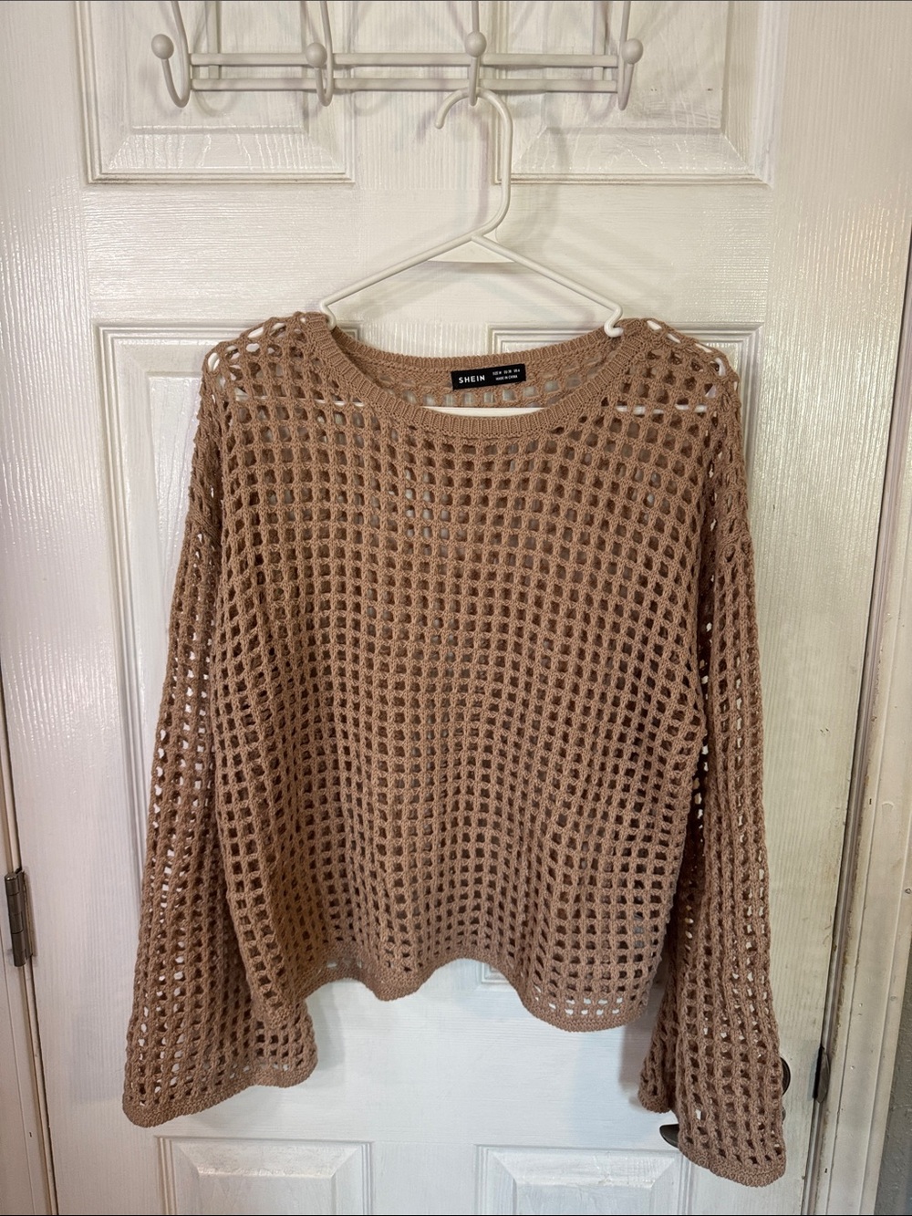 SHEIN Open-Weave Oversized Tan Crewneck Sweater